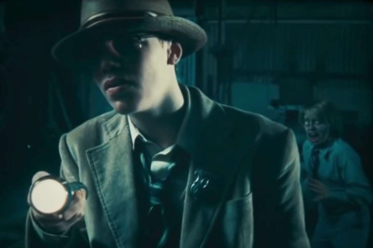 teen boy investigating a dark room with a flashlight, a zombie sneaking up on him in the background