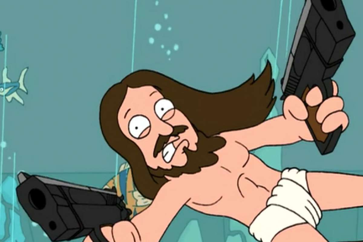 Jesus in action, weilding two guns